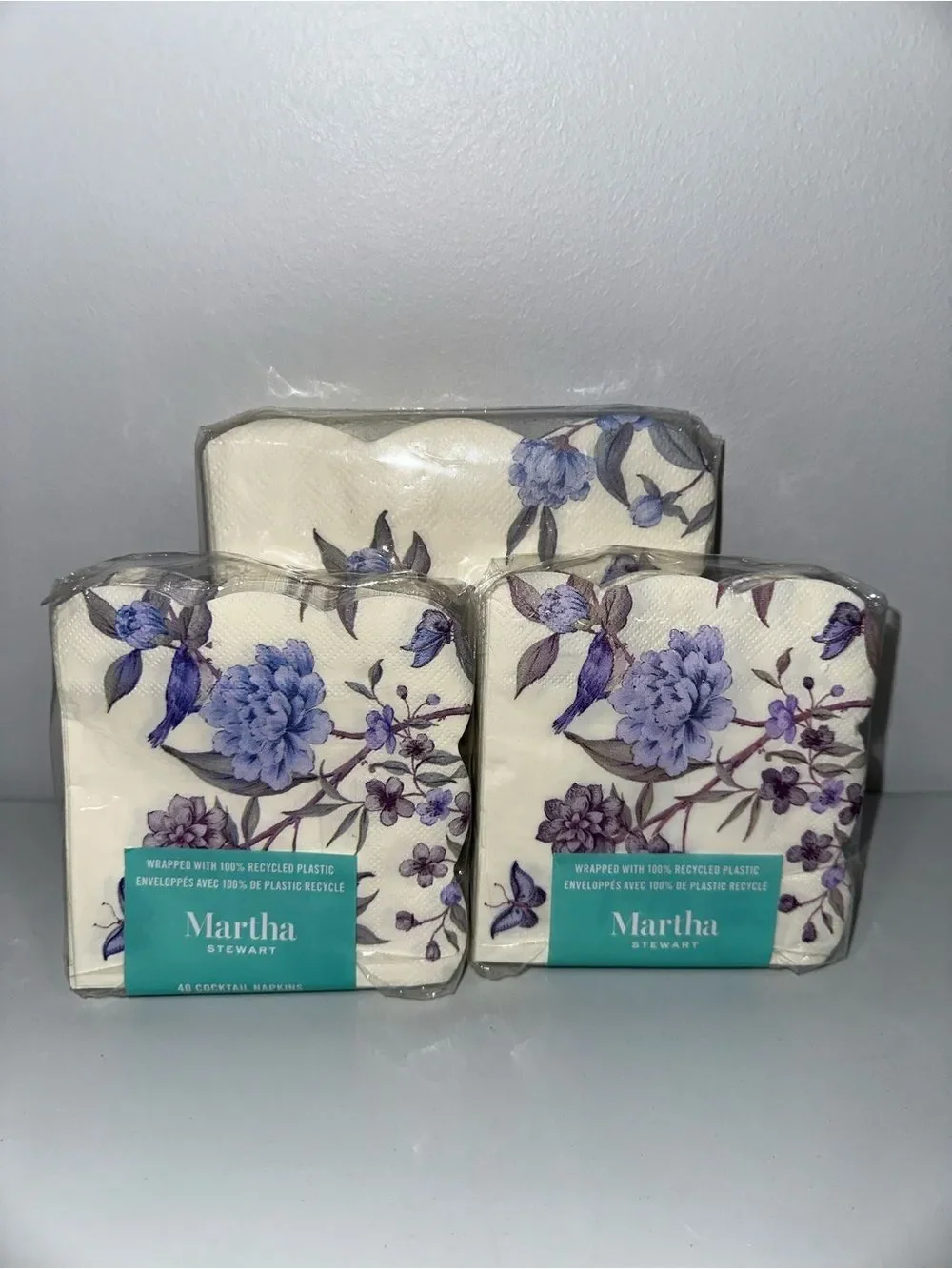 Martha Stewart Ivory Purple Floral Matching Square Cocktail Lunch Napkins 40 x 3